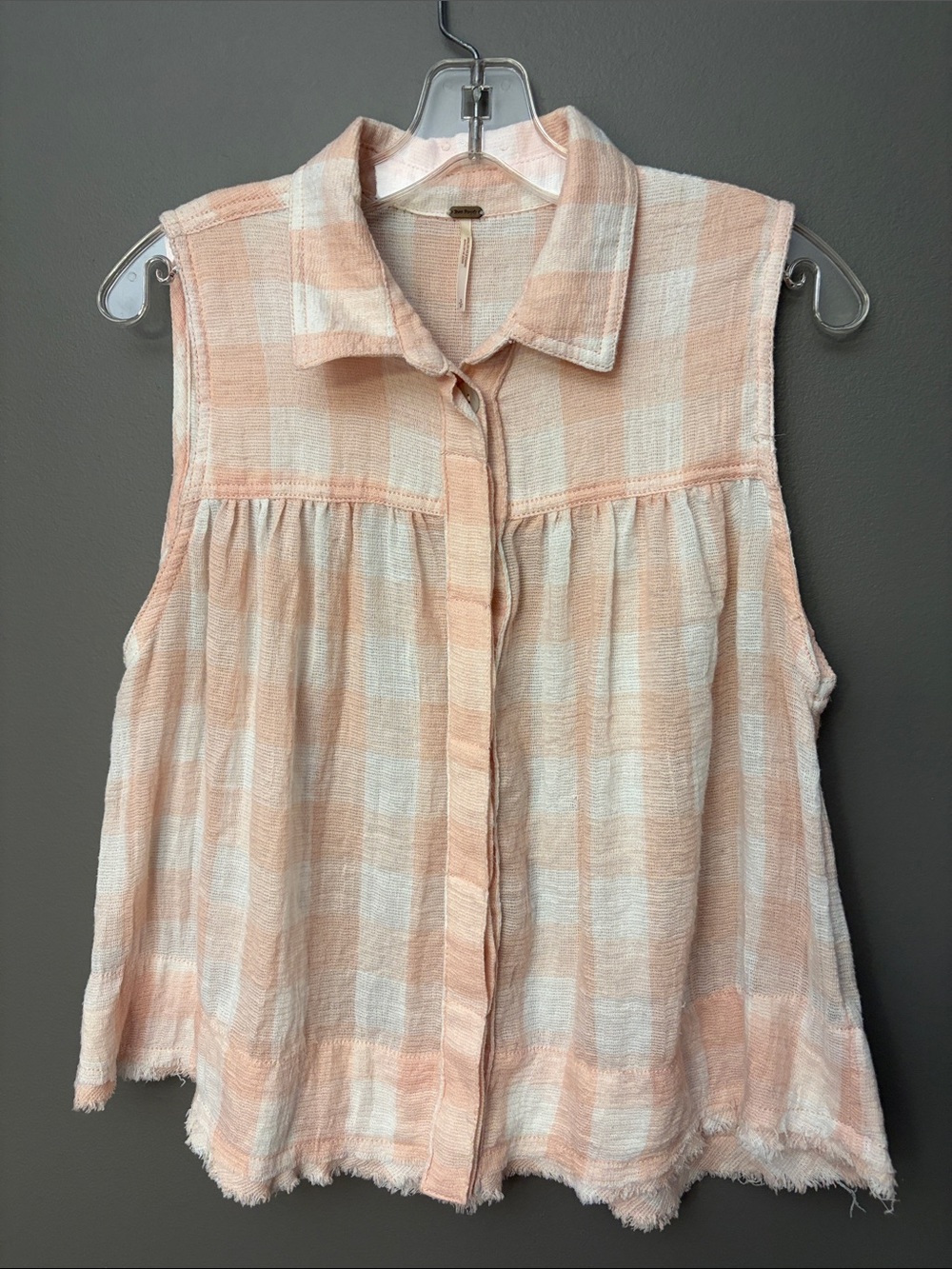 Free People Sleeveless Plaid Button-Front Top in Peach and Cream - Size S